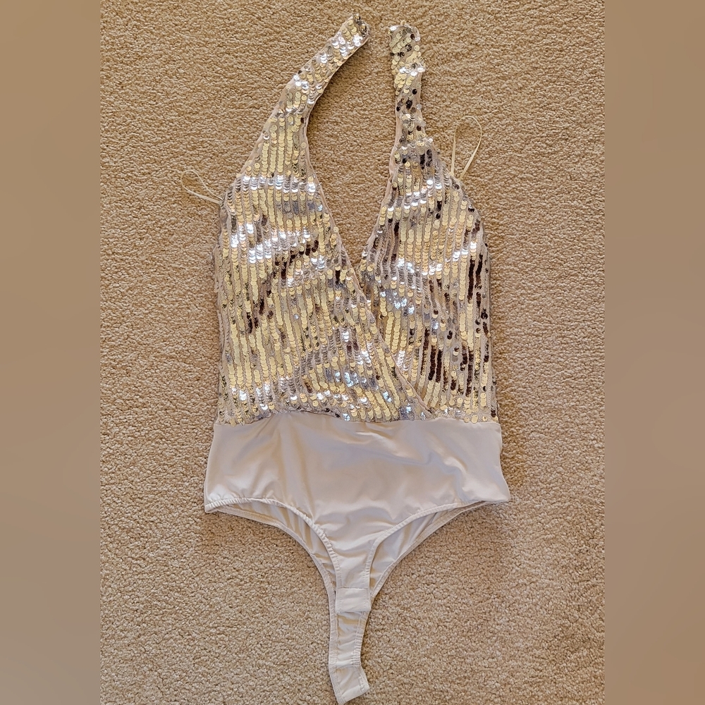 Luxxel cream and silver sequin bodysuit
